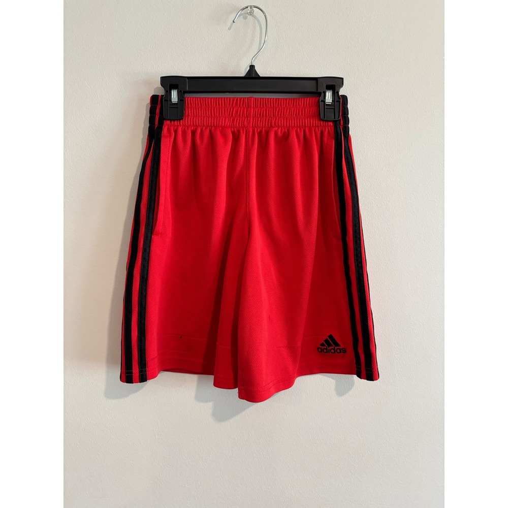 Adidas Mesh‎ Athletic Shorts Kids Size 8 Red Black Three Stripe Side Detail